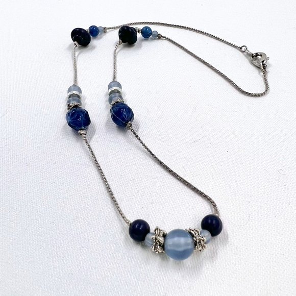 Jewelry - Blue Beaded Silver Tone 18” Chain Necklace